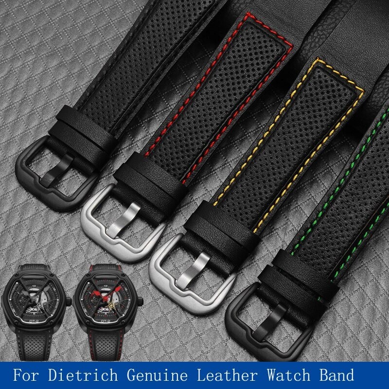 24mm Cow Leather Watchband Strap For Dietrich OTC-AO1 OT-3 Swiss Bracelet Black
