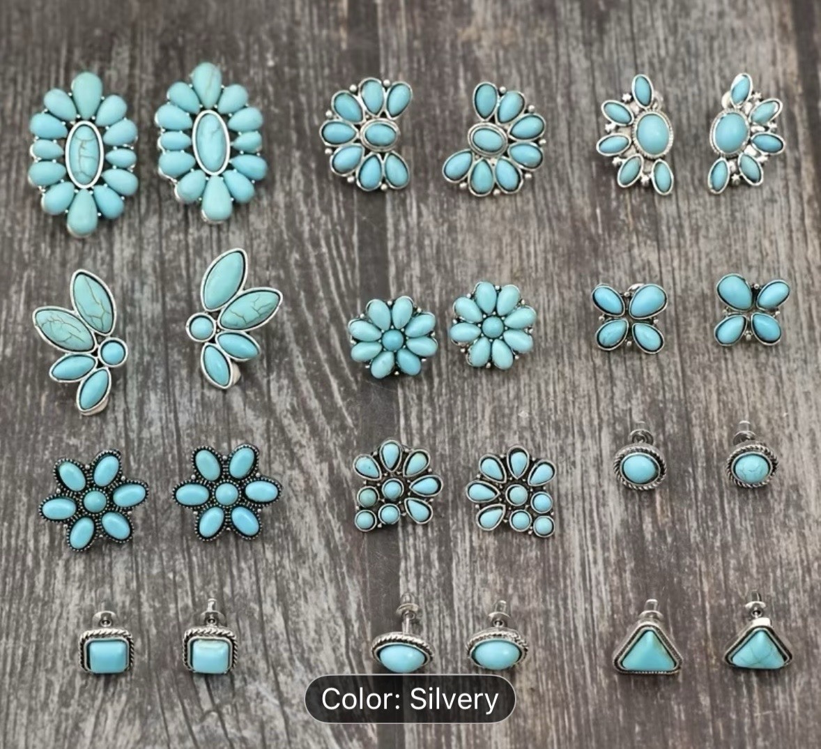 12 PAIRS Silvertone Turquoise Earrings Jewelry Western Boho Set Gift STUD