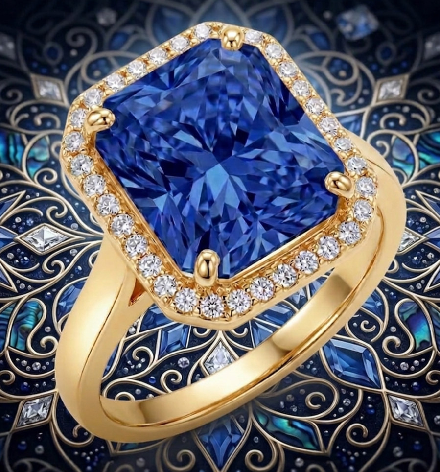 8.00 Ct Certified Radiant Cut Blue Natural Diamond Ring VVS1 Yellow Gold Finish