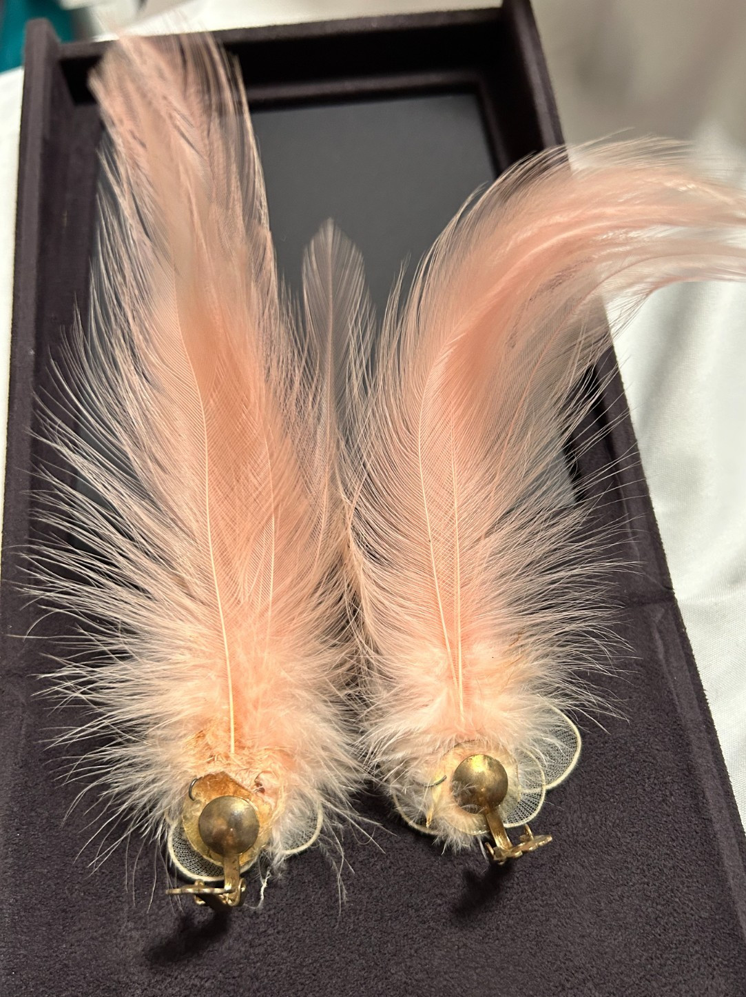 Vintage 1950’s Real Feather Butterfly Pink Special Occasion Earrings Clip-On 6″