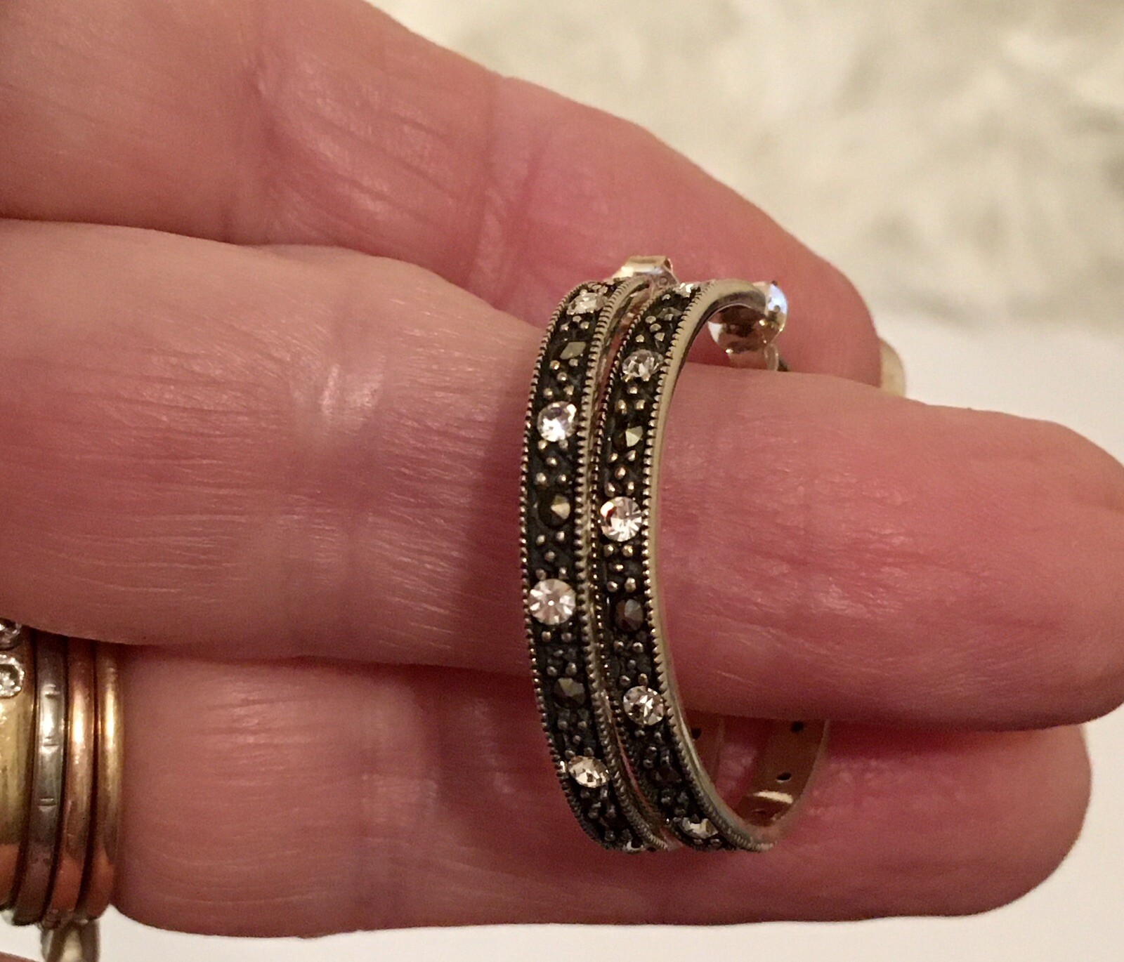 Vintage Sterling Silver Marcasite & Clear Stones Hoop Earrings 5.4 Gram Wt