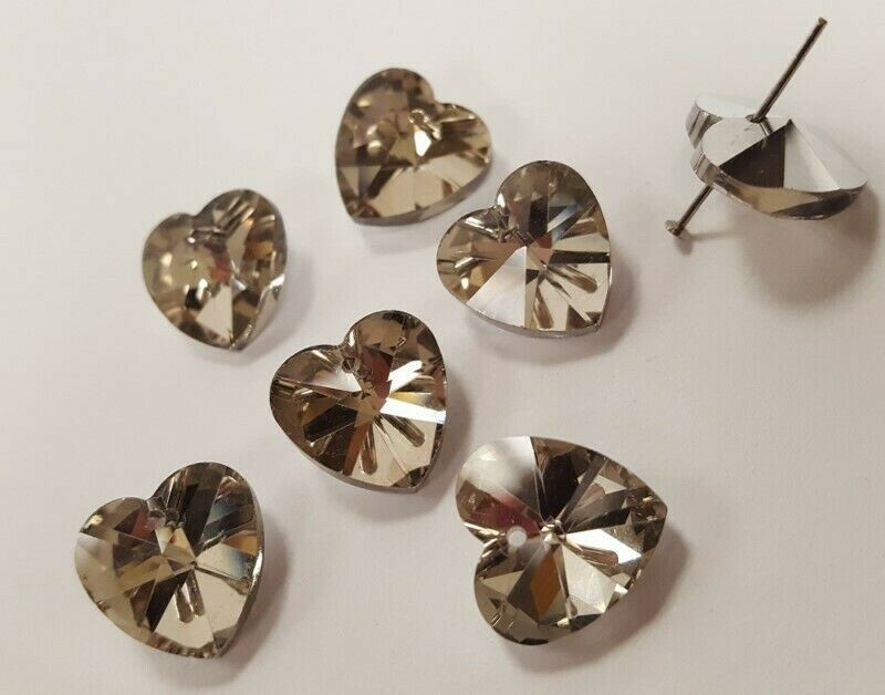 6 PIECES GLASS SMOKY CRYSTAL MACHINE CUT 14mm. FACETED HEART BEAD PENDANTS S130