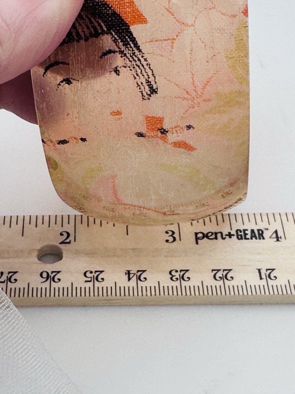Vintage Signed Asian Geisha Decoupage Lucite Wide Bangle Bracelet Orange