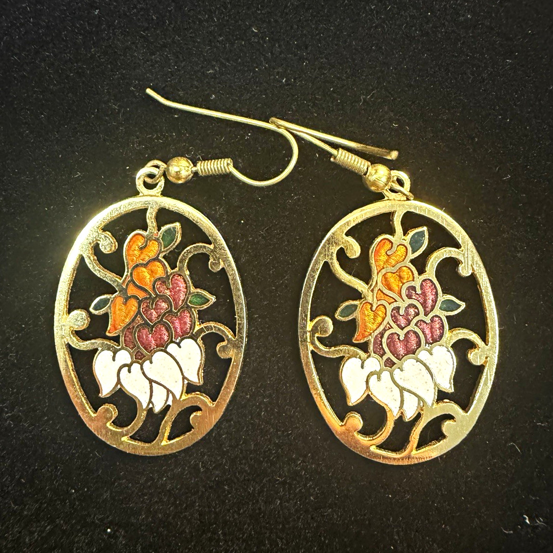 Vintage Cloisonné Floral Dangle Earrings