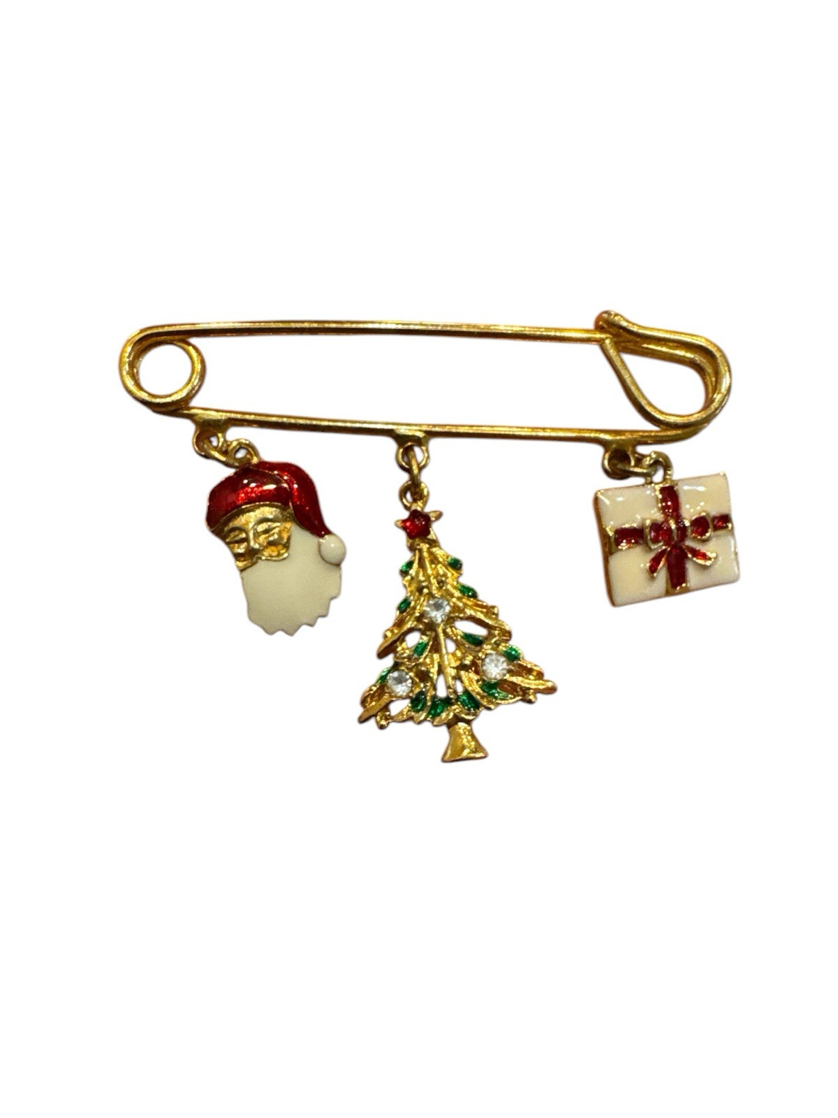 Christmas Charms Safety Pin Santa Tree Gift Gold White Red Green