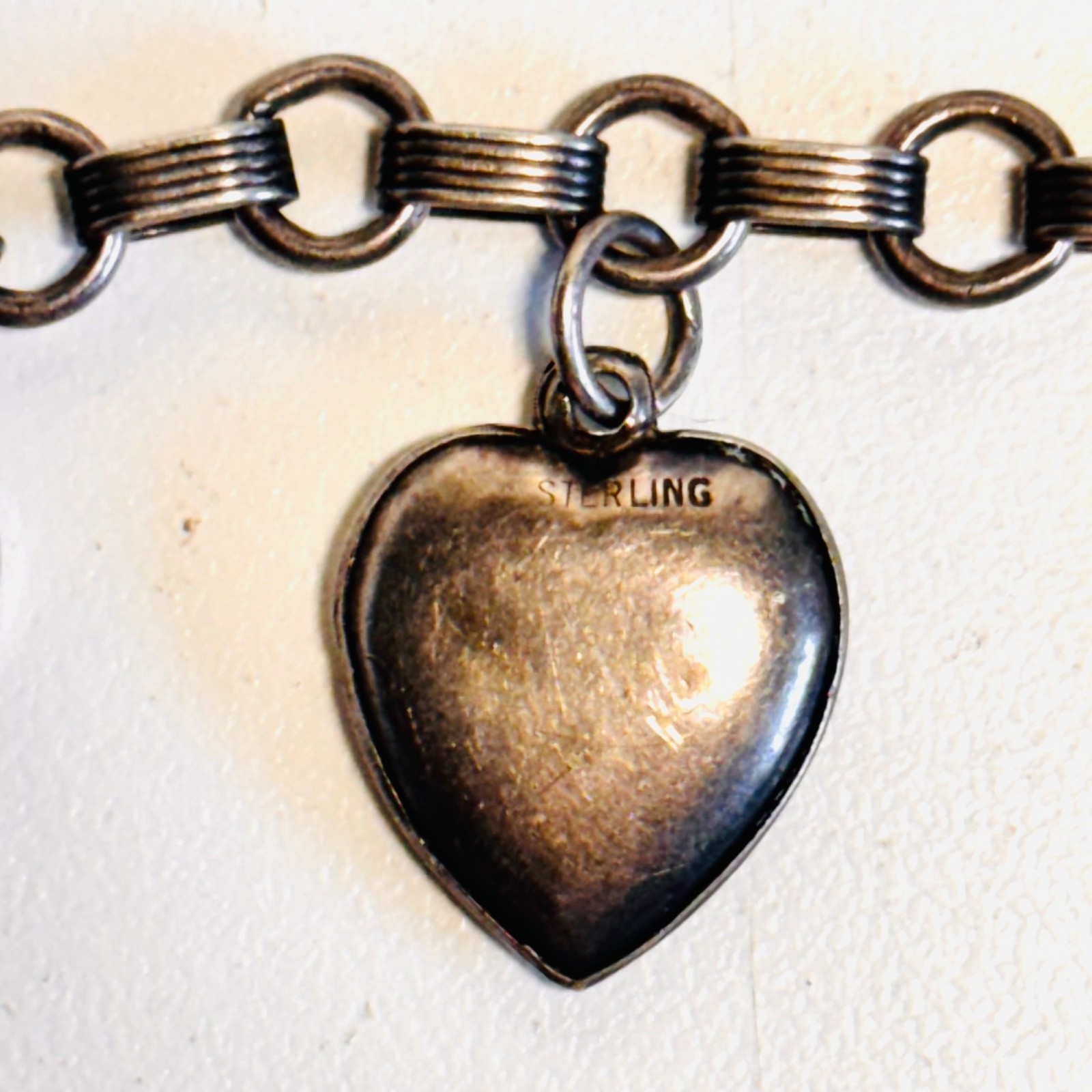 WALTER LAMPL Sterling silver bracelet puffy heart charm lock engraved vint 14.9g