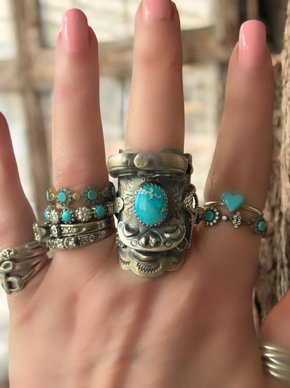Tim Yazzie Sonoran Turquoise Navajo Sterling Silver Saddle Ring Size 8 Statement