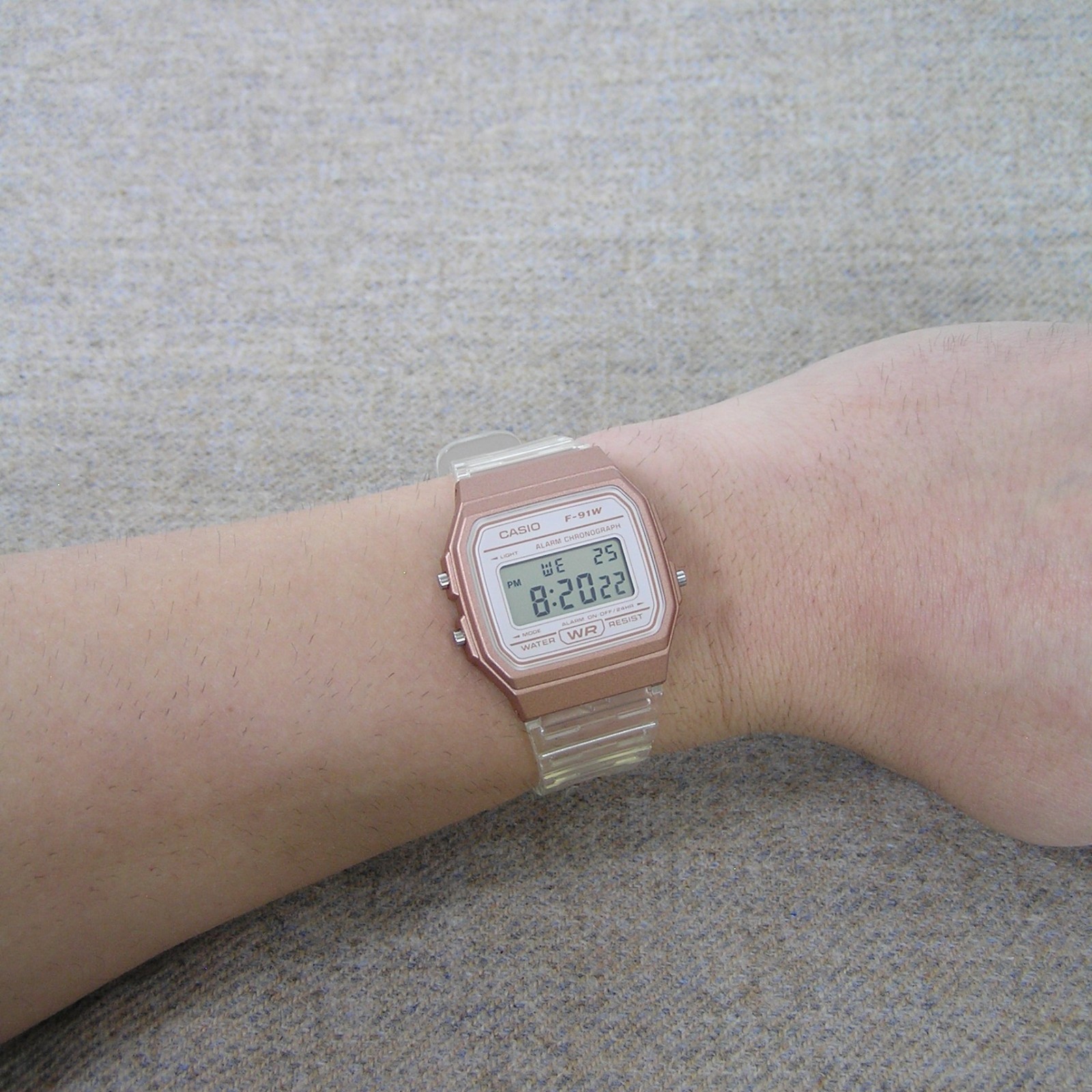 Casio F-91WS-7A3 Digital Watch Transparent Resin Strap Rose Gold Colour – New