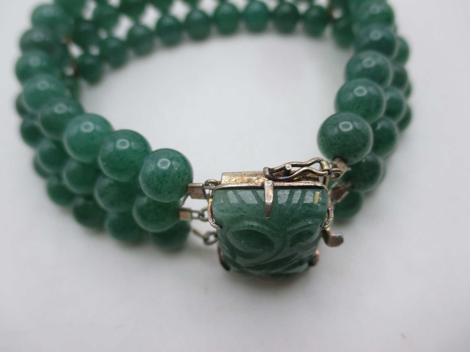 VTG Chinese Export Jade Jadeite 3 Row Beaded Bracelet Carved Flower Clasp Silver