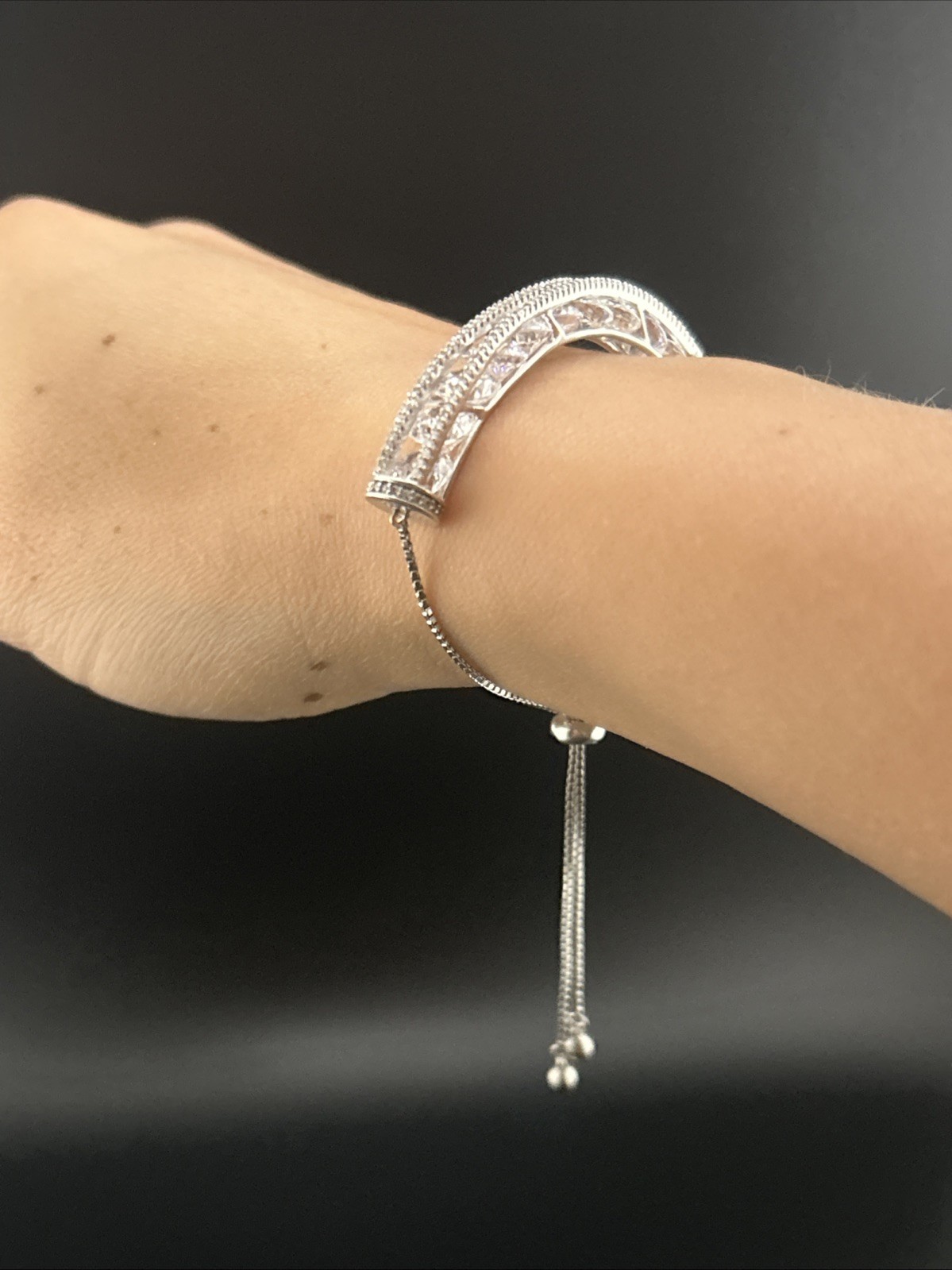 Sterling 925 Signed Fuzion Creations CZ Bridge Adjustable Slider Bracelet