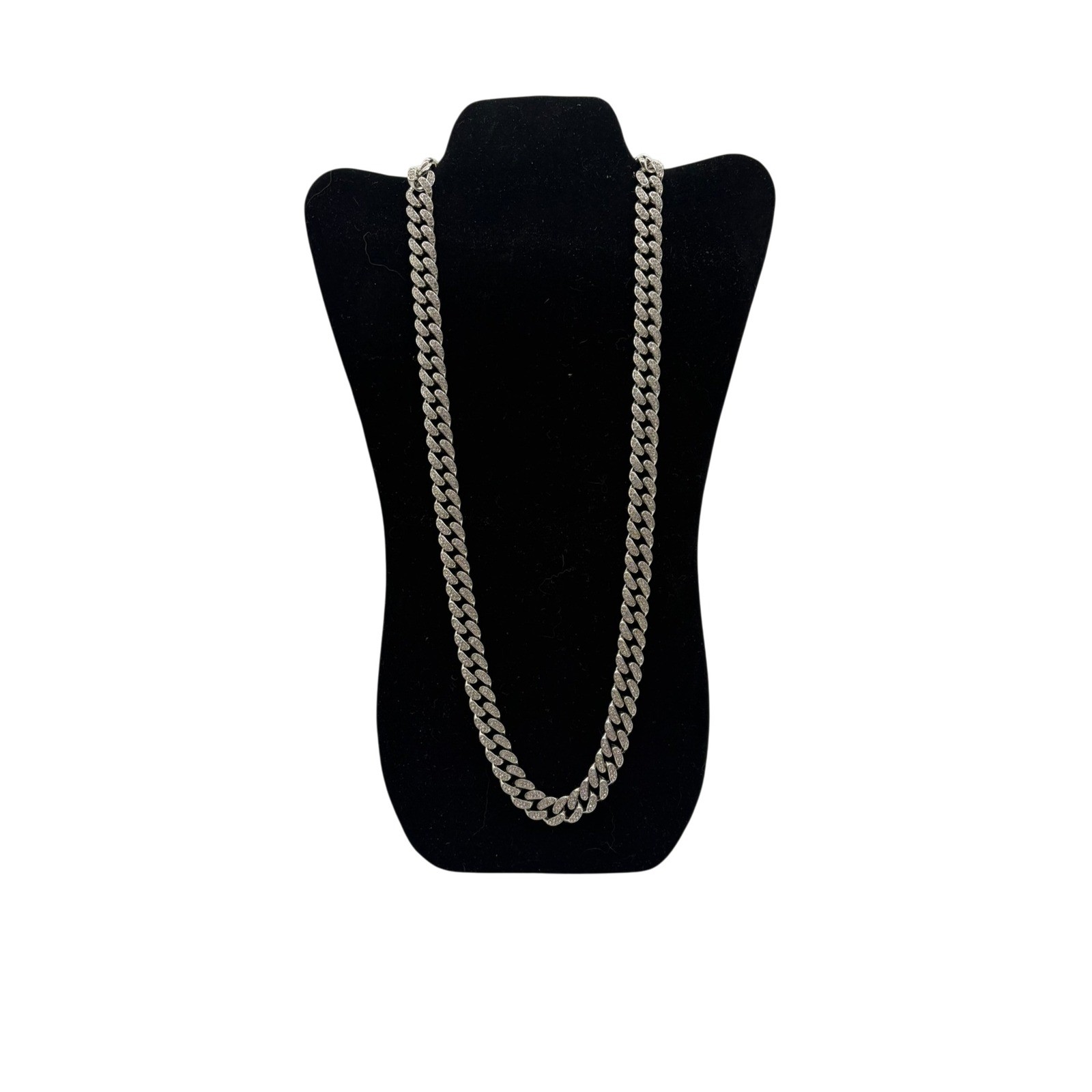 Silver Tone Iced Out Cuban Link Chain Necklace Pave Crystal Box Clasp 27 Inch