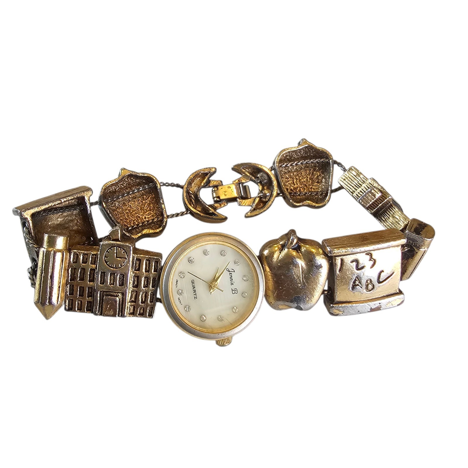 90s School Teacher Watch Womens Wristwatch Gold Charms NEEDS BATTERY Novelty