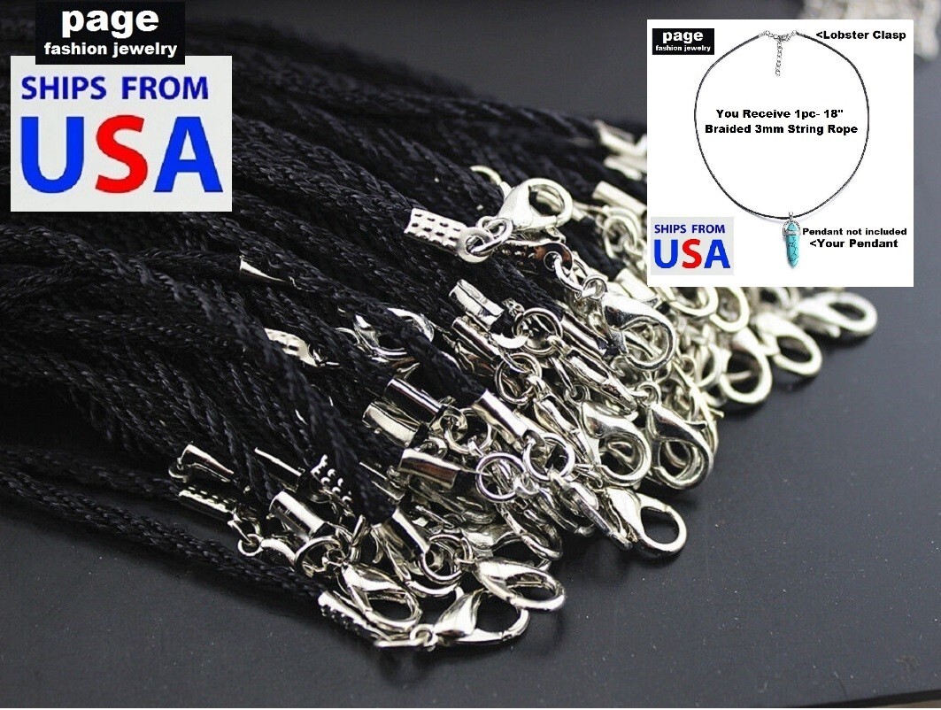 1pc- 18″ Braided 3mm Black Rope Necklace, Silver Lobster Clasp, For Your Pendant