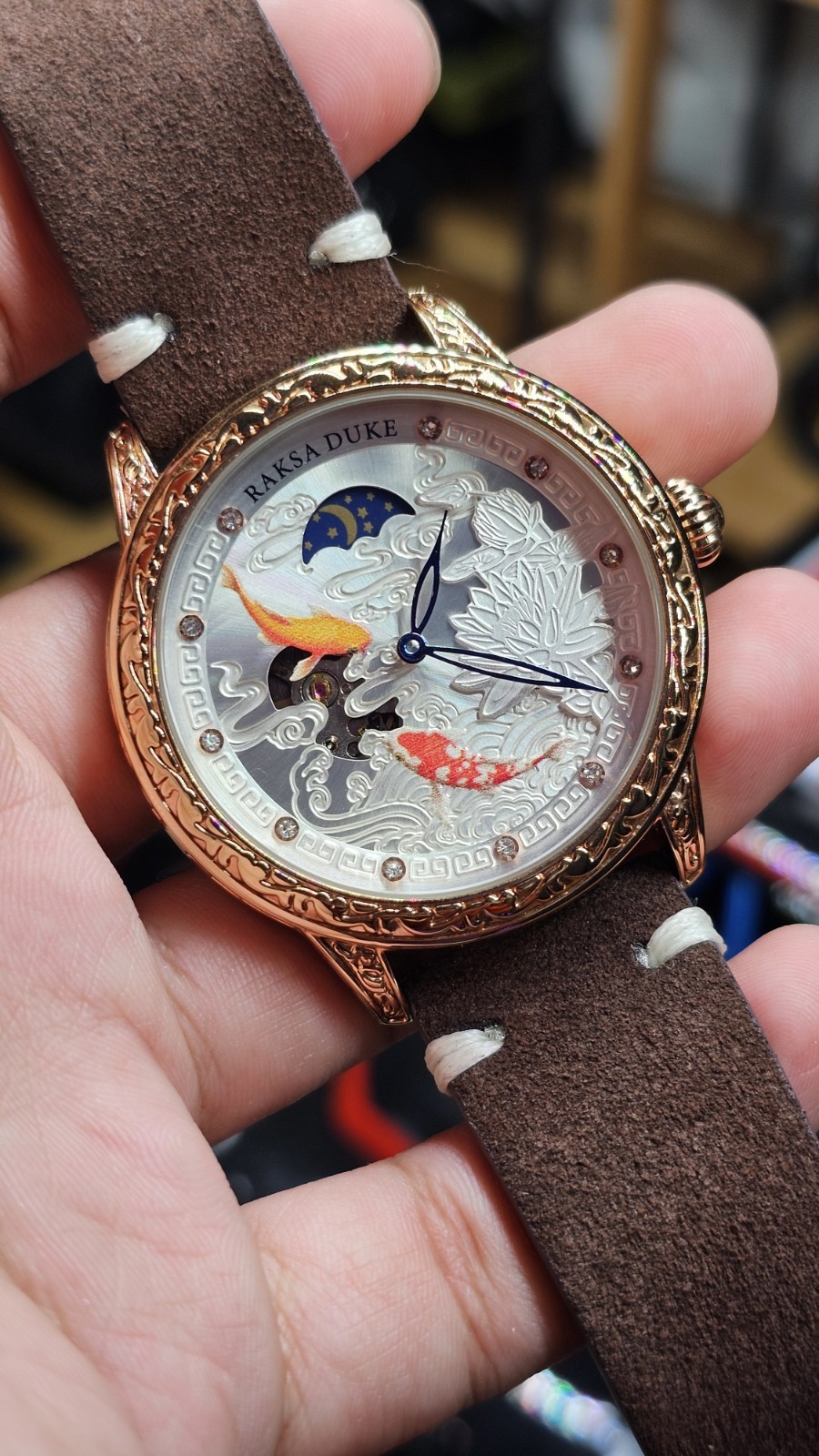 Tevise Raksa Duke T890DF Mechanical Watch 3D Koi Fish Dial, With New Suede Strap