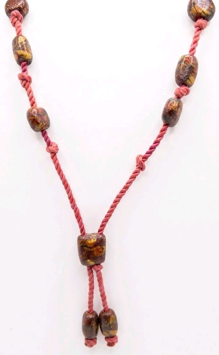 Vintage Cord Bolo Tie Lariat Necklace Wooden Beads Gold Fleck Boho Southwestern