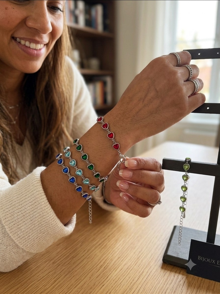 Bijoux Elegance Heart Multicolor Crystal Chain Bracelet, Adjustable