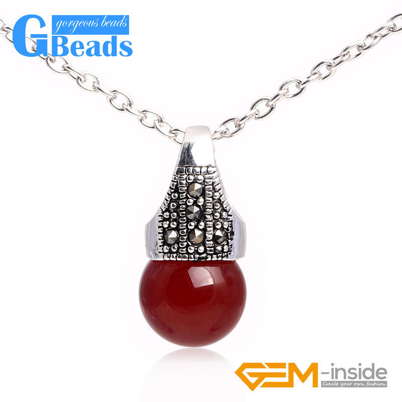 12mm round beads Marcasite silver pendant 12x24mm FREE gift box + necklace chain