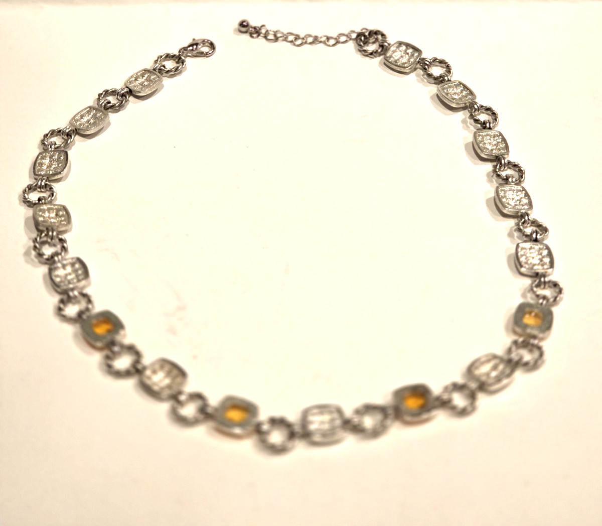 Necklace -Silver Tone Faux Citrine Yellow Orange and Glittery Links 19″