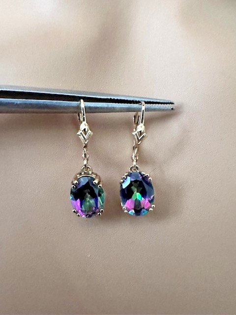 Estate 10K Yellow Gold Mystic Topaz Dangle Drop Earrings