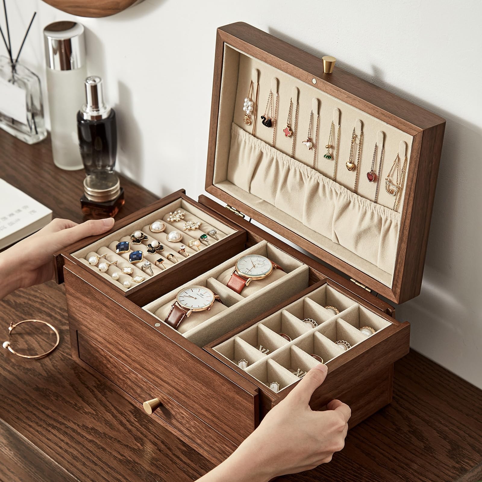 Black Walnut Wooden Jewelry Box for Women, 3 Level Multifunctional Drawer Org…