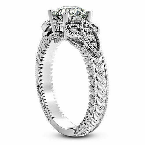 1.30Ct White Round Cut Stone Leaf Design Engagement Ring In 925 Sterling Silver