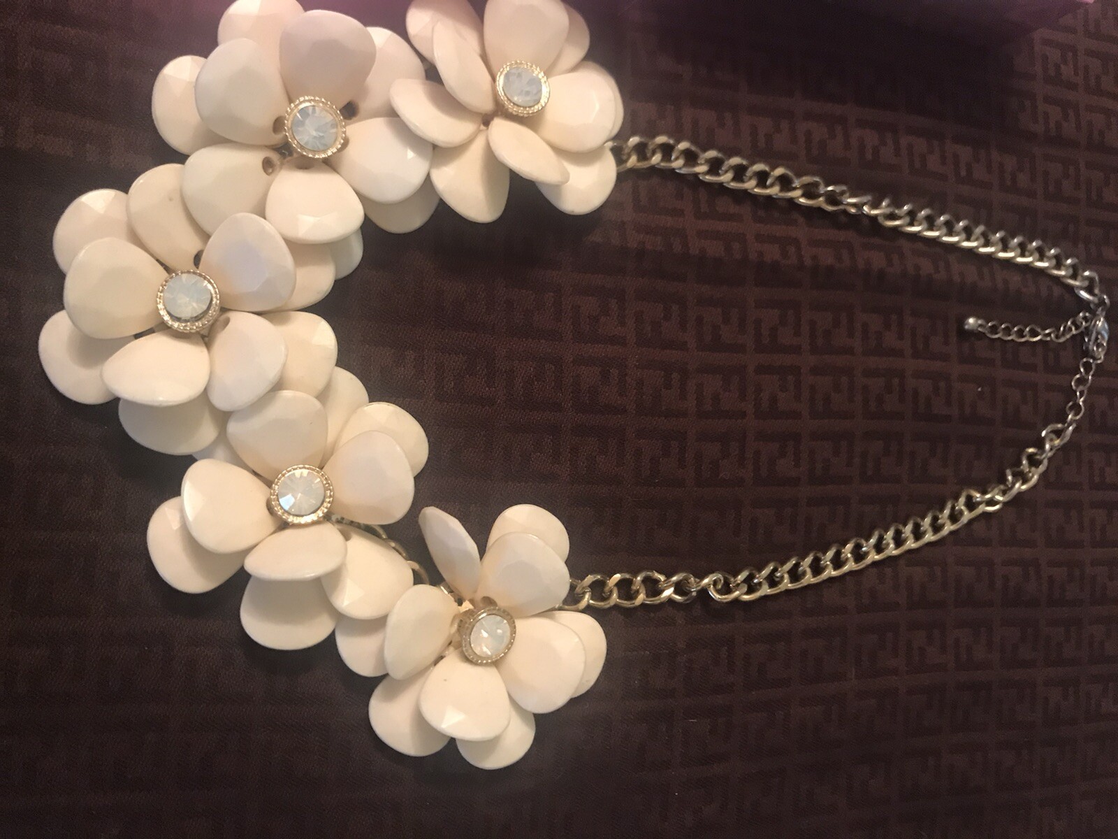 Flower Necklace Off White/ Craam Color With Ckear Stones NWT