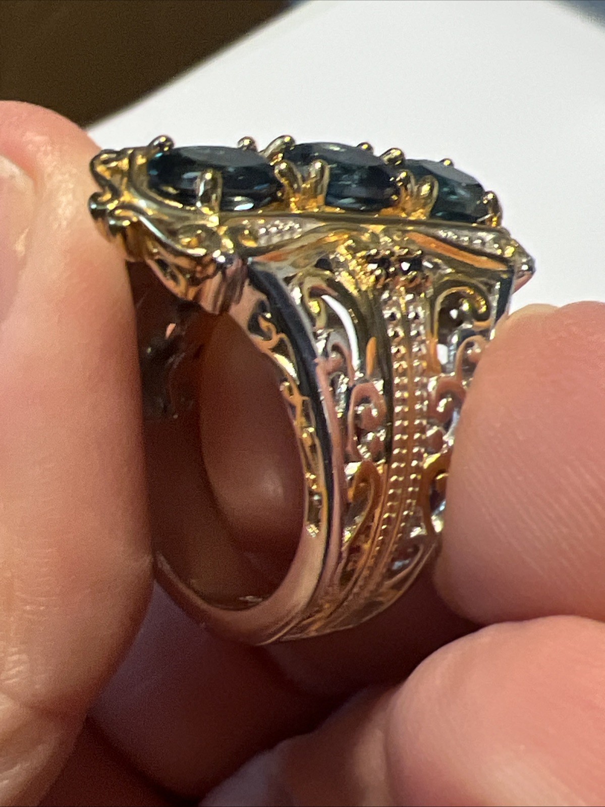 Gems en Vogue Sterling 925 Blue topaz Palladium Ring sz 10 Gold Vermeil #JV98