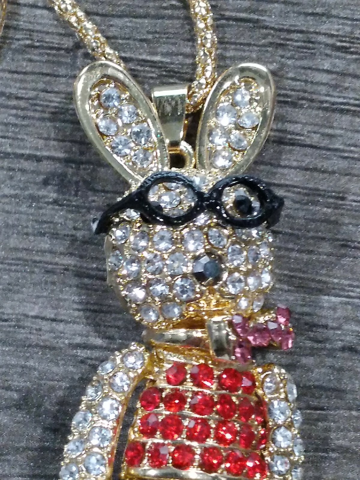 Eclectic Whimsical RED & BLUE BUNNY RABBIT GLASSES Rhinestone Pendant Necklace