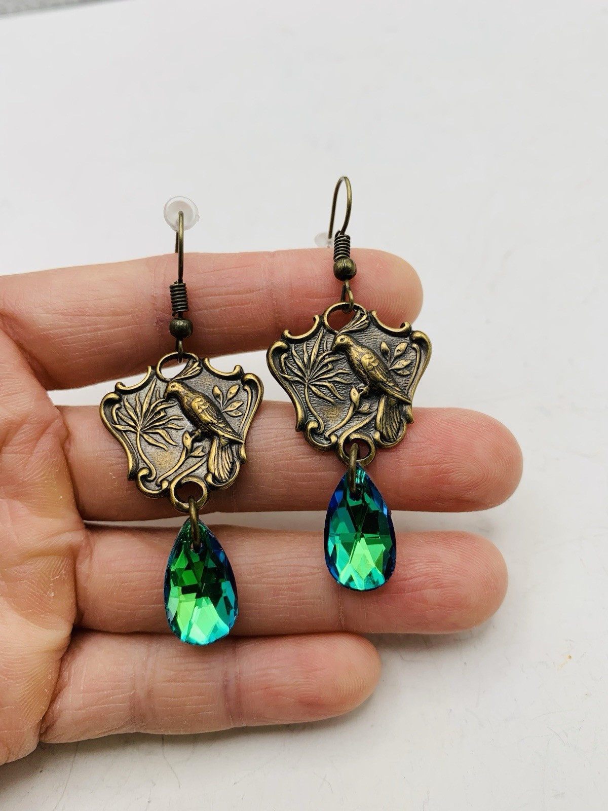 Vintage Style Bronze Art Nouveau Enchanted Bird Rainbow Blue AB Hook Earrings