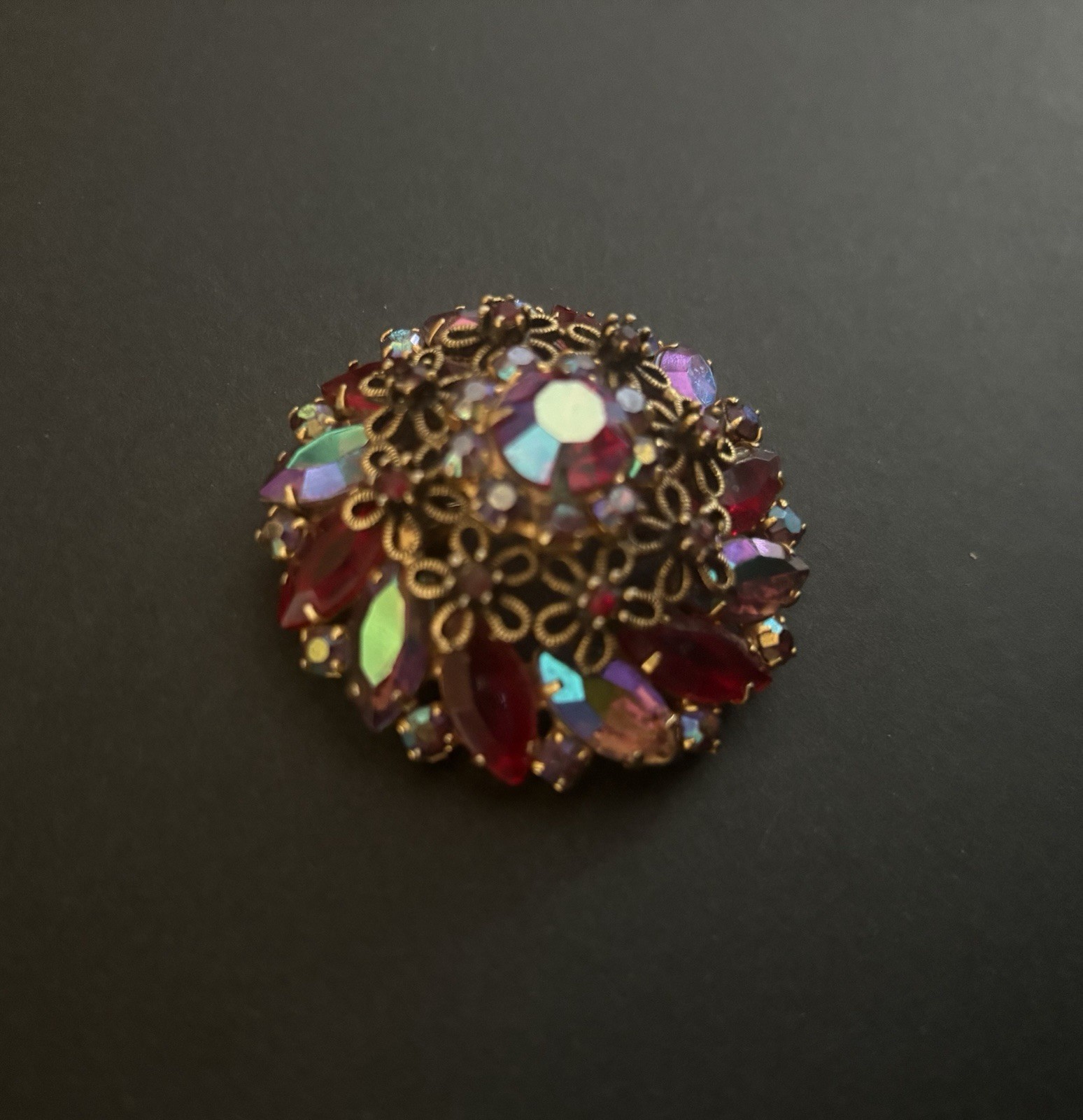 Juliana 1950s Red Rhinestone Marquise Cut Brooch with Faux Iridescent Stones