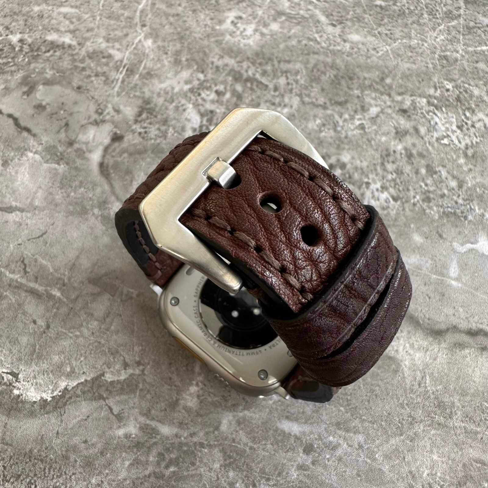 Premium Thick Brown Lychee Leather Watch Strap For Apple Watch Ultra 1 2 49mm