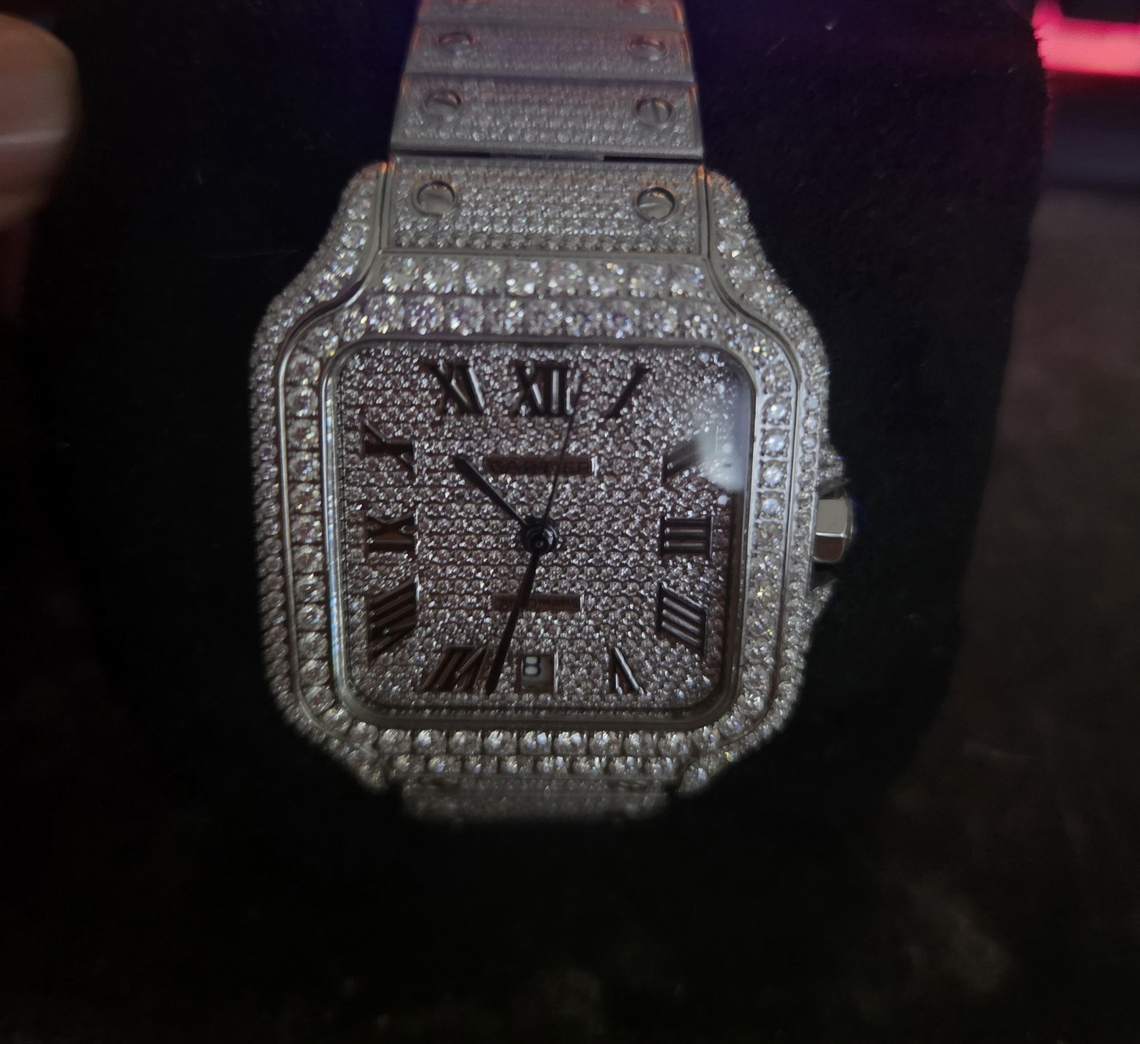 Moissanite Watch, St.Steel Case & Band Full Rhodium Color Buckle,Brand New w/Box