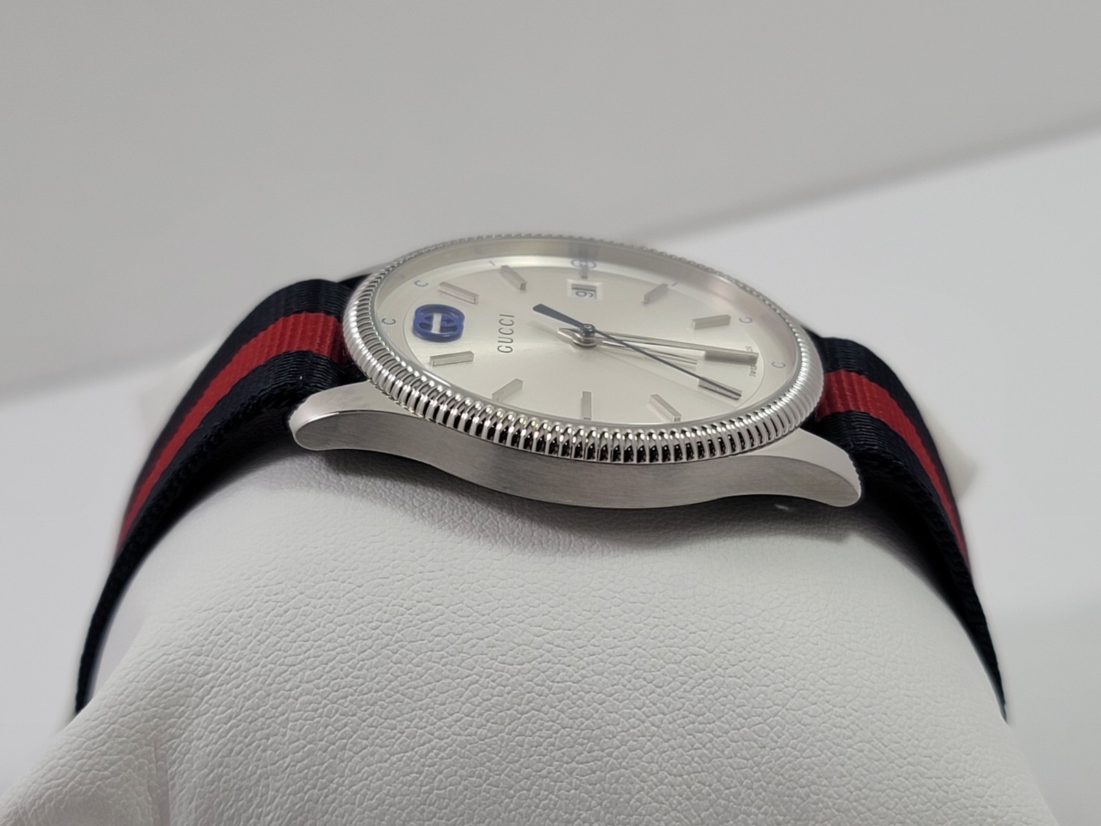 Gucci G-Timeless SWISS Quartz Silver Dial Blue Red Nylon Strap Watch YA1264237