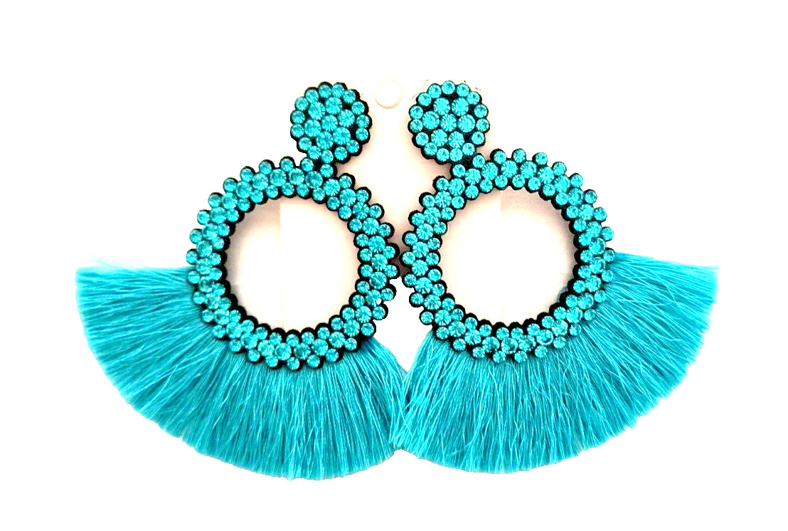 New Fashion Jewelry Dangle/ Drop Earrings Aqua Fringe Crystals Appx 3.5 inx3 in