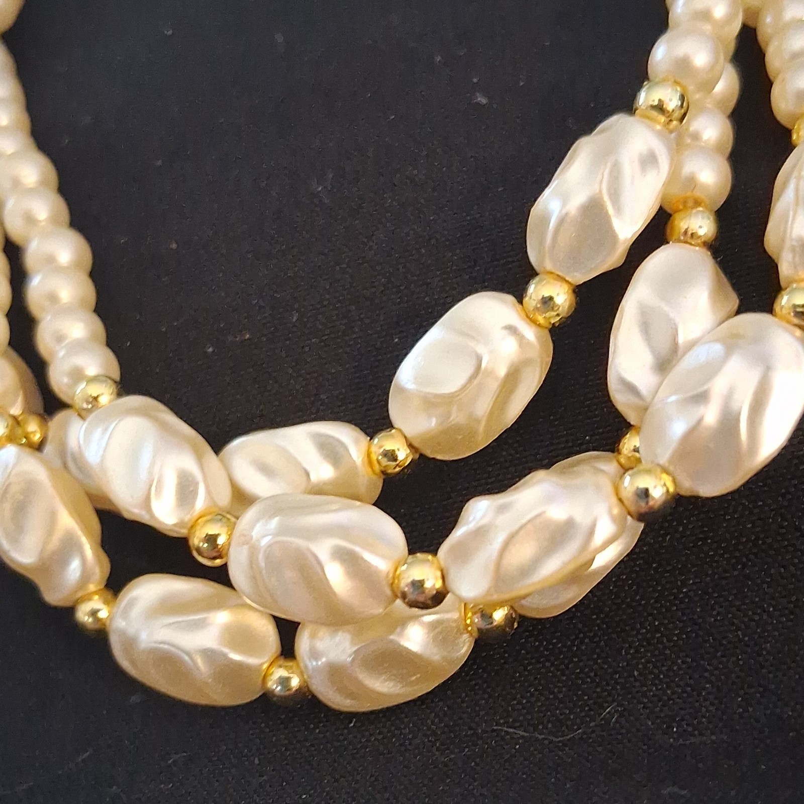 Multi-Strand White Faux Pearl Beaded Necklace Baroque Simulated Spring Ring
