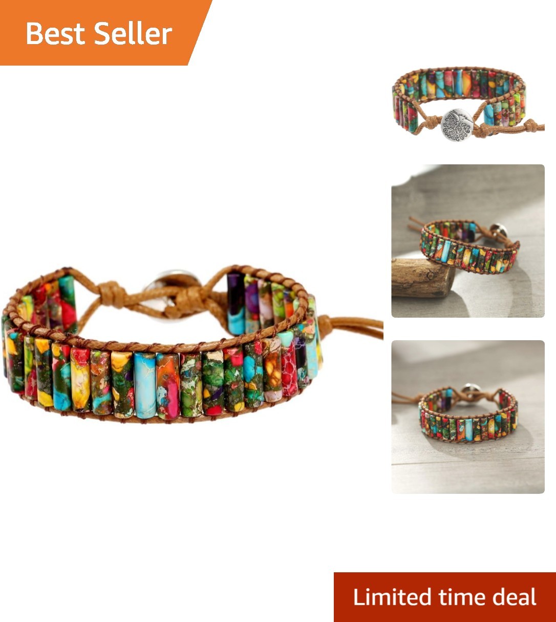 Artisan Crafted Natural Jasper Leather Wrap Bracelet – 6.5 Inch Adjustable Fit