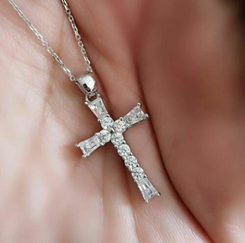 1.50Ct Round Cut Simulated Diamond Cross Pendant Chain 14k White Gold Plated