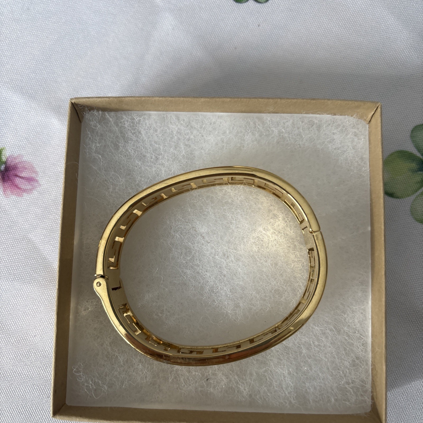 Gold Tone Greek Key Bracelet Hinged Bangle Womens 6.5 Inch Statement