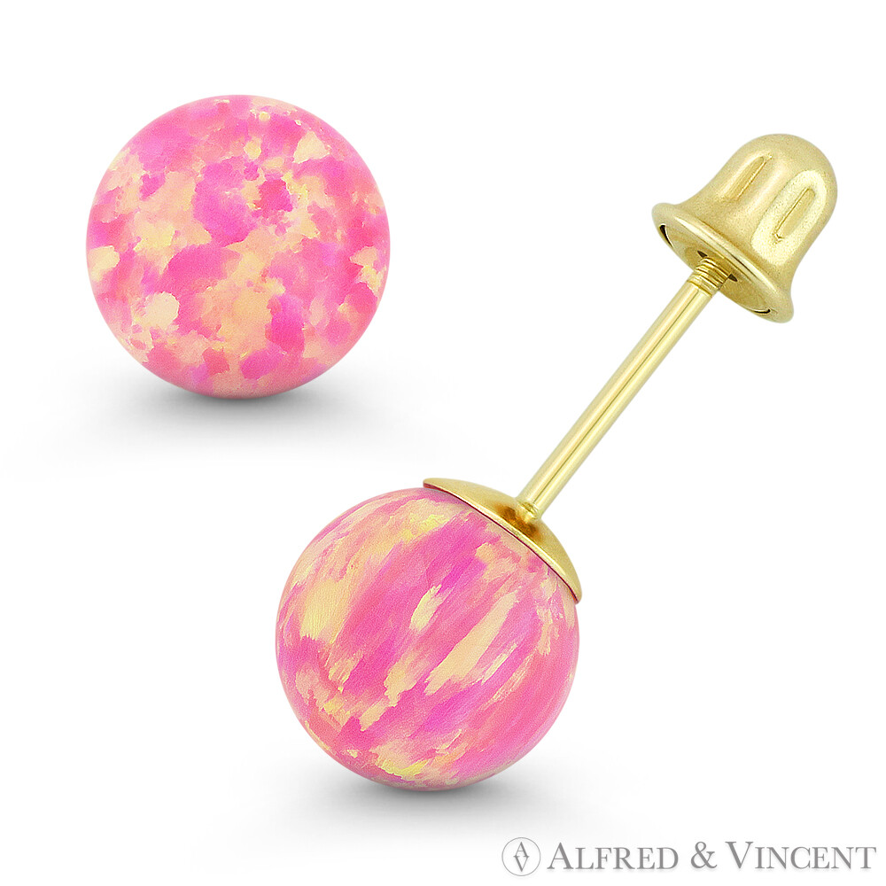 Fiery Royal-Pink Synthetic Opal Ball Screwback Stud Earrings in 14k Yellow Gold