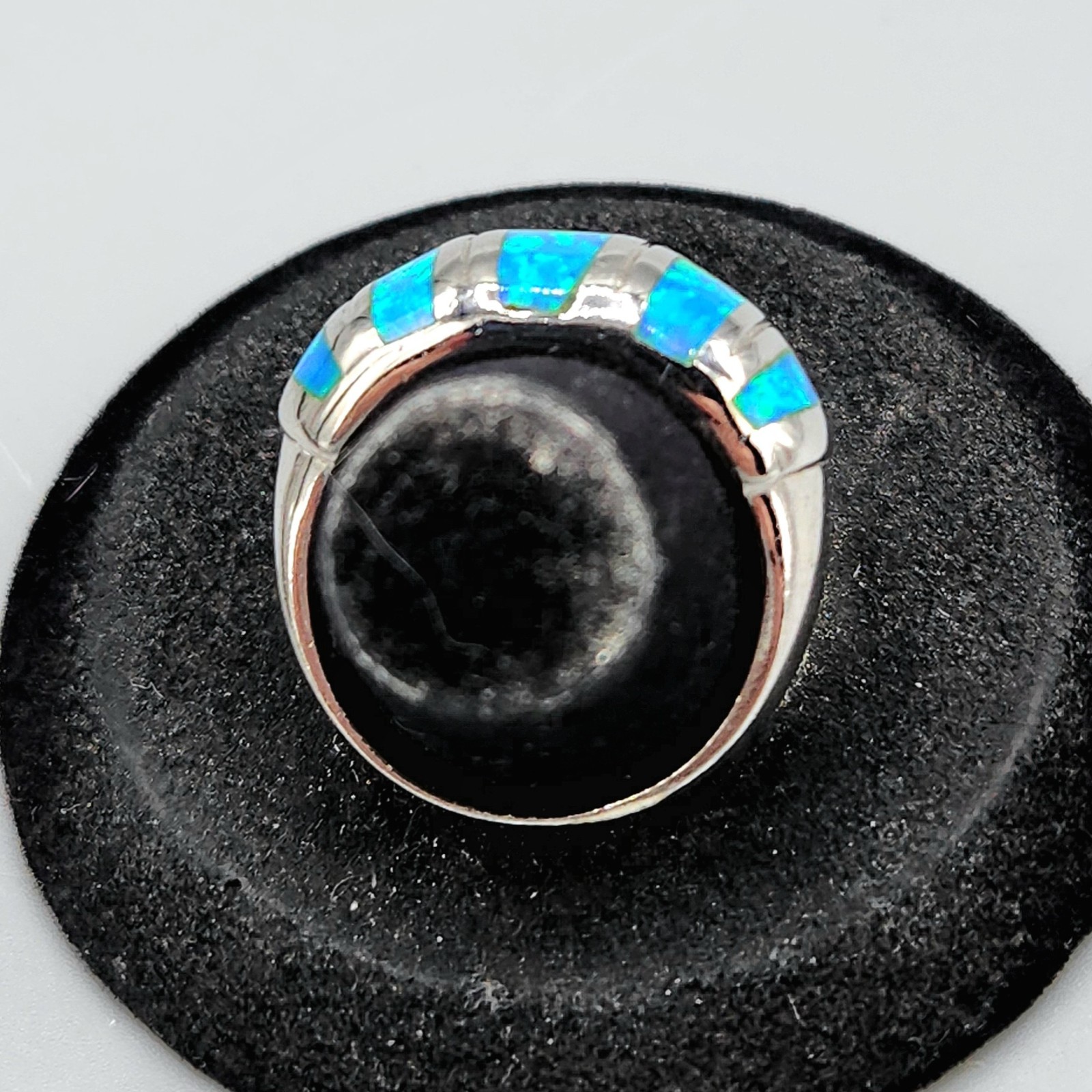 Sterling Silver Blue Lab Opal Inlay Domed Bezel Ring Size 8 5.5g