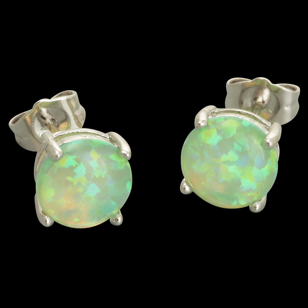 8mm Round Kiwi Green Fire Opal Cabochon Silver Jewelry Simple Stud Earrings