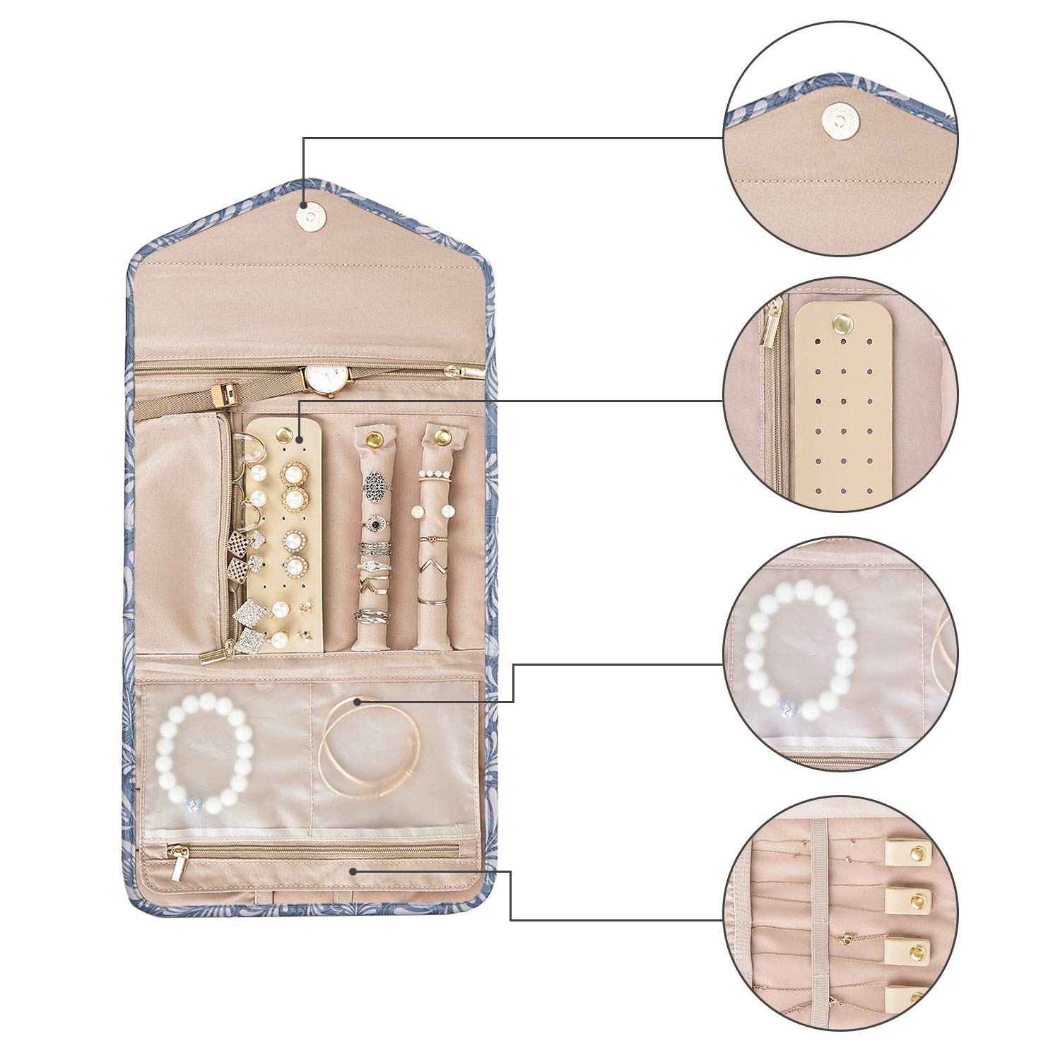 Travel Jewelry Organizer Roll – Foldable Case for Rings, Necklaces, Bracelets, E