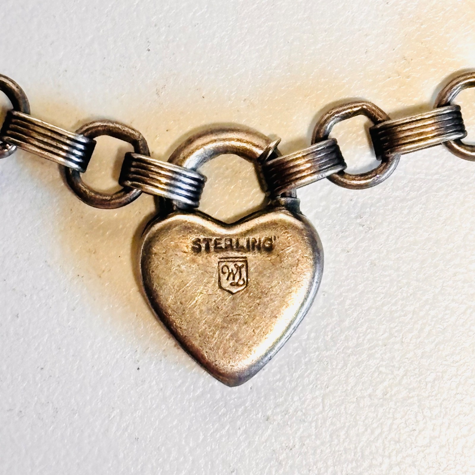 WALTER LAMPL Sterling silver bracelet puffy heart charm lock engraved vint 14.9g
