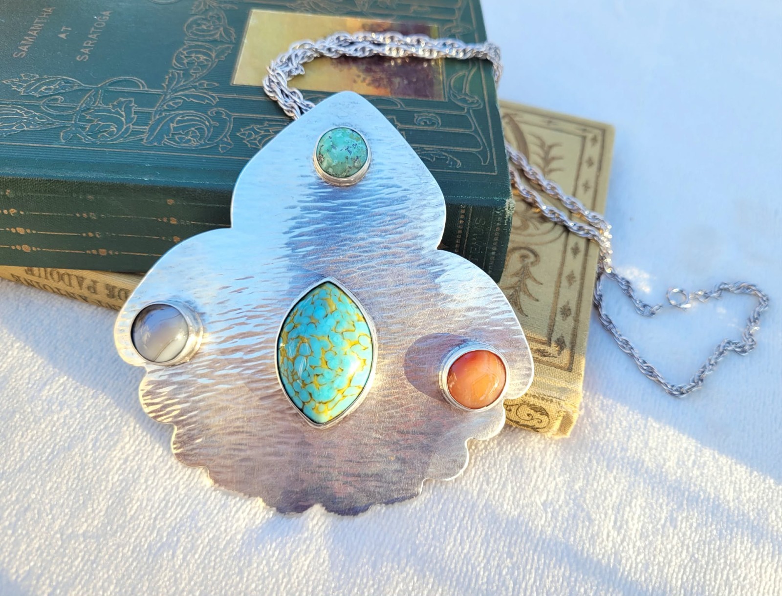 Vtg Oscar Aaroe Danish Sterling Silver Turquoise Red Stone Pendant Necklace -93g
