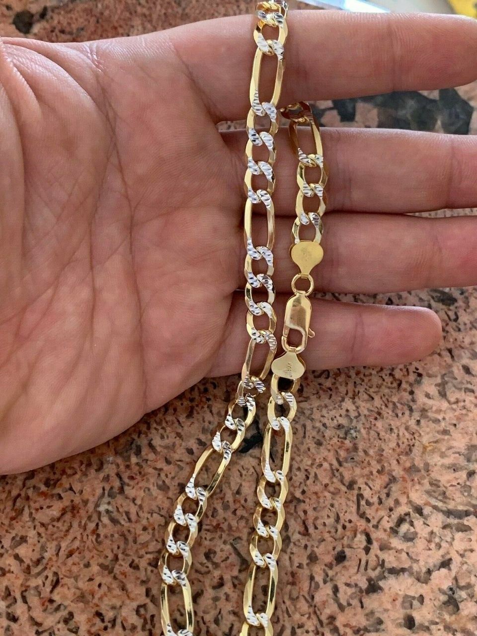 Mens 8mm 14k Gold Plated Solid Sterling Silver Figaro Chain Two Tone Diamond Cut