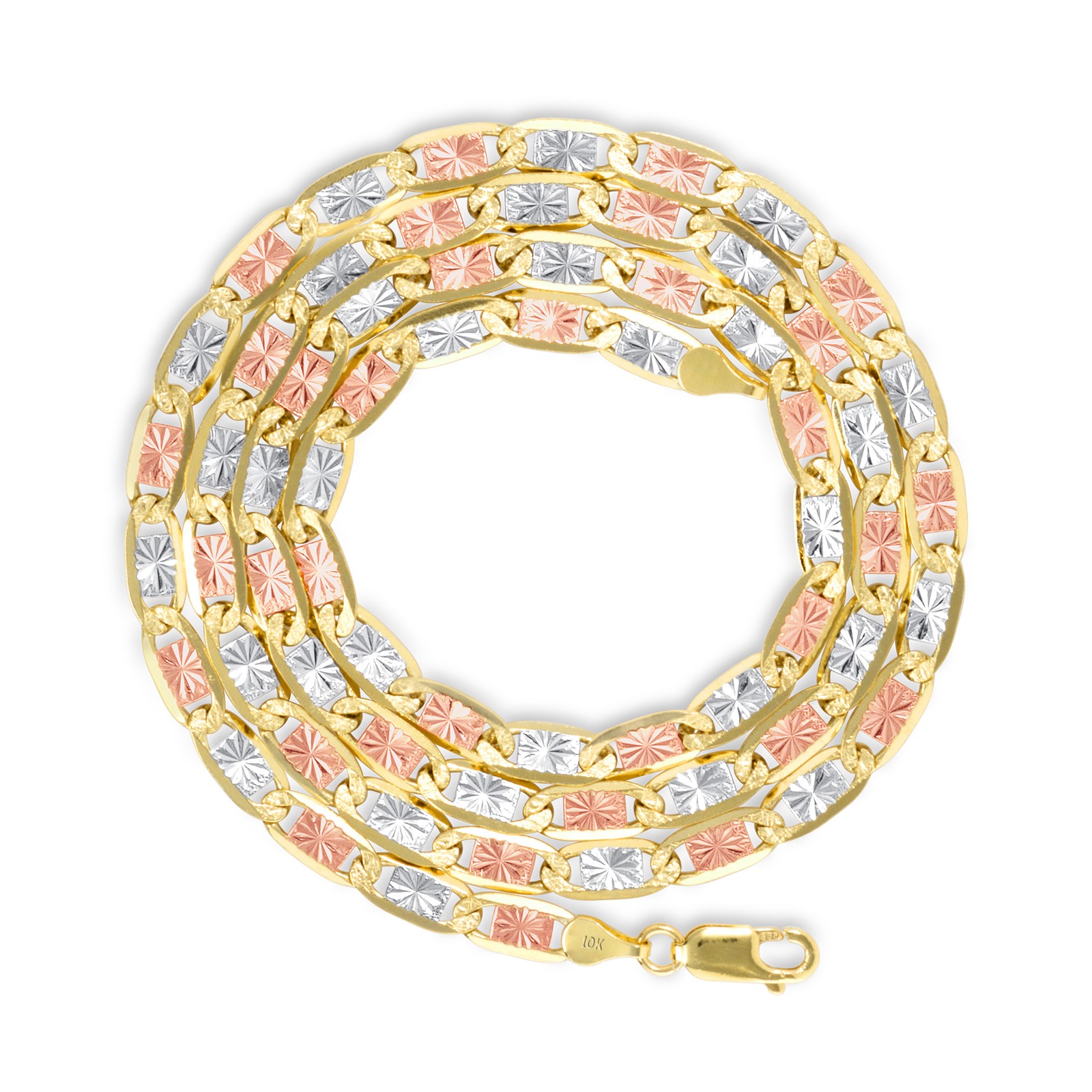 10K Solid Tri Yellow Rose White Gold 6mm Valentino Chain Womens Necklace 18″