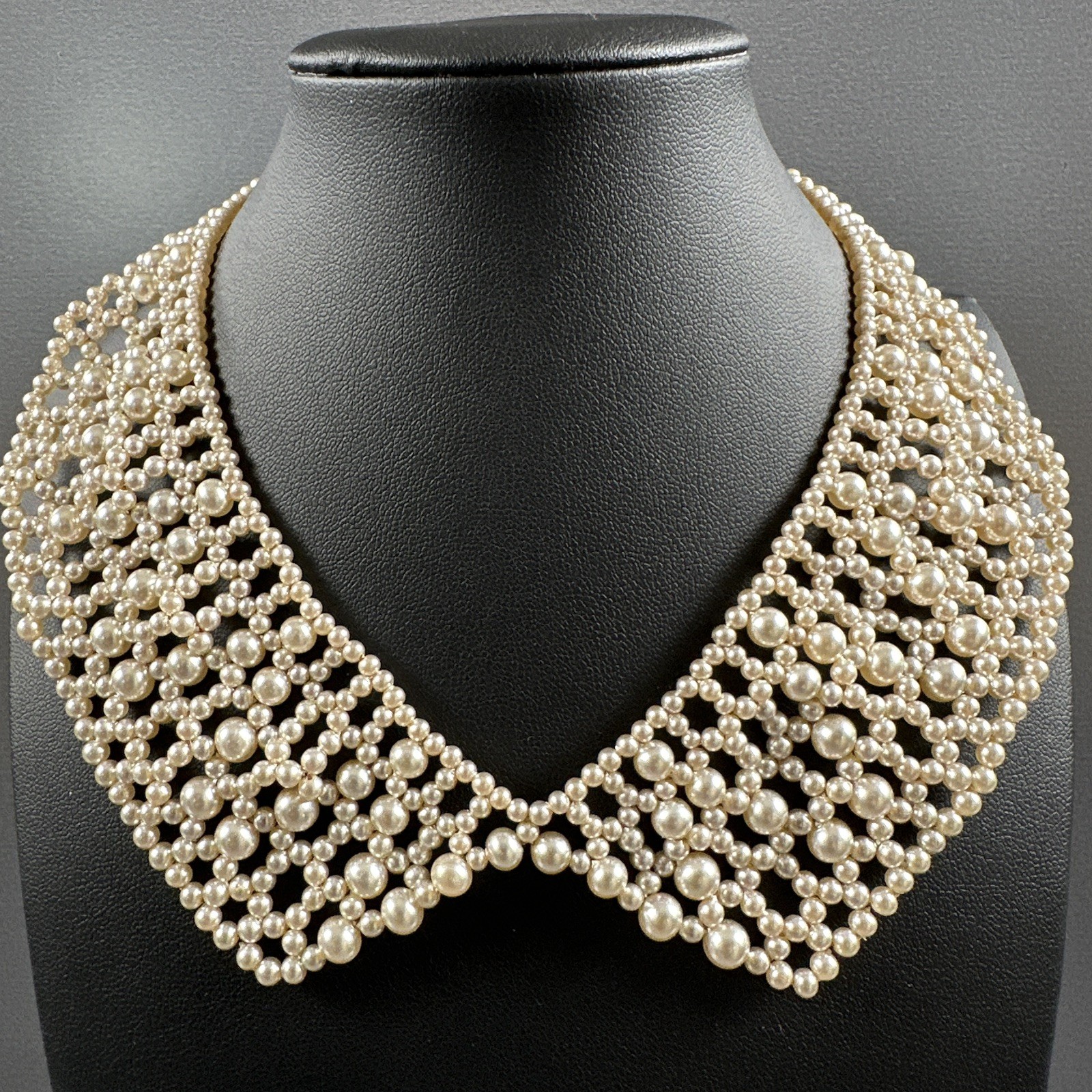 Vintage Beaded Necklace Bib Collar Choker Cream 13″