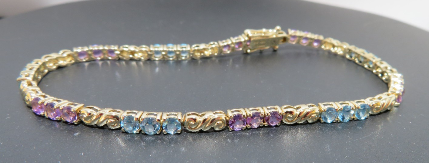 14K YG MULTI-GEMSTONE TENNIS BRACELET 7.25 ” LONG 3.17 MM WIDE 8.19gram (A19268)