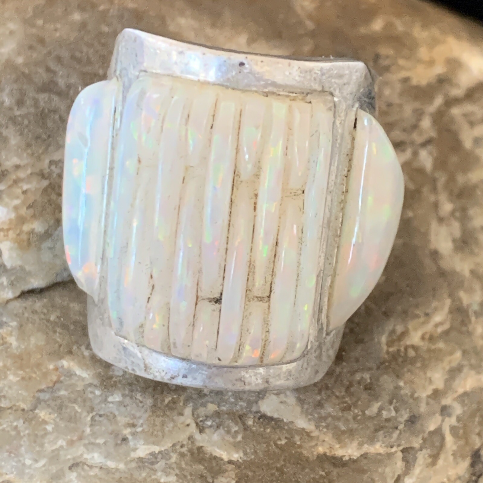White Opal Southwestern Navajo Sterling Silver Inlay Ring Size 8 12860