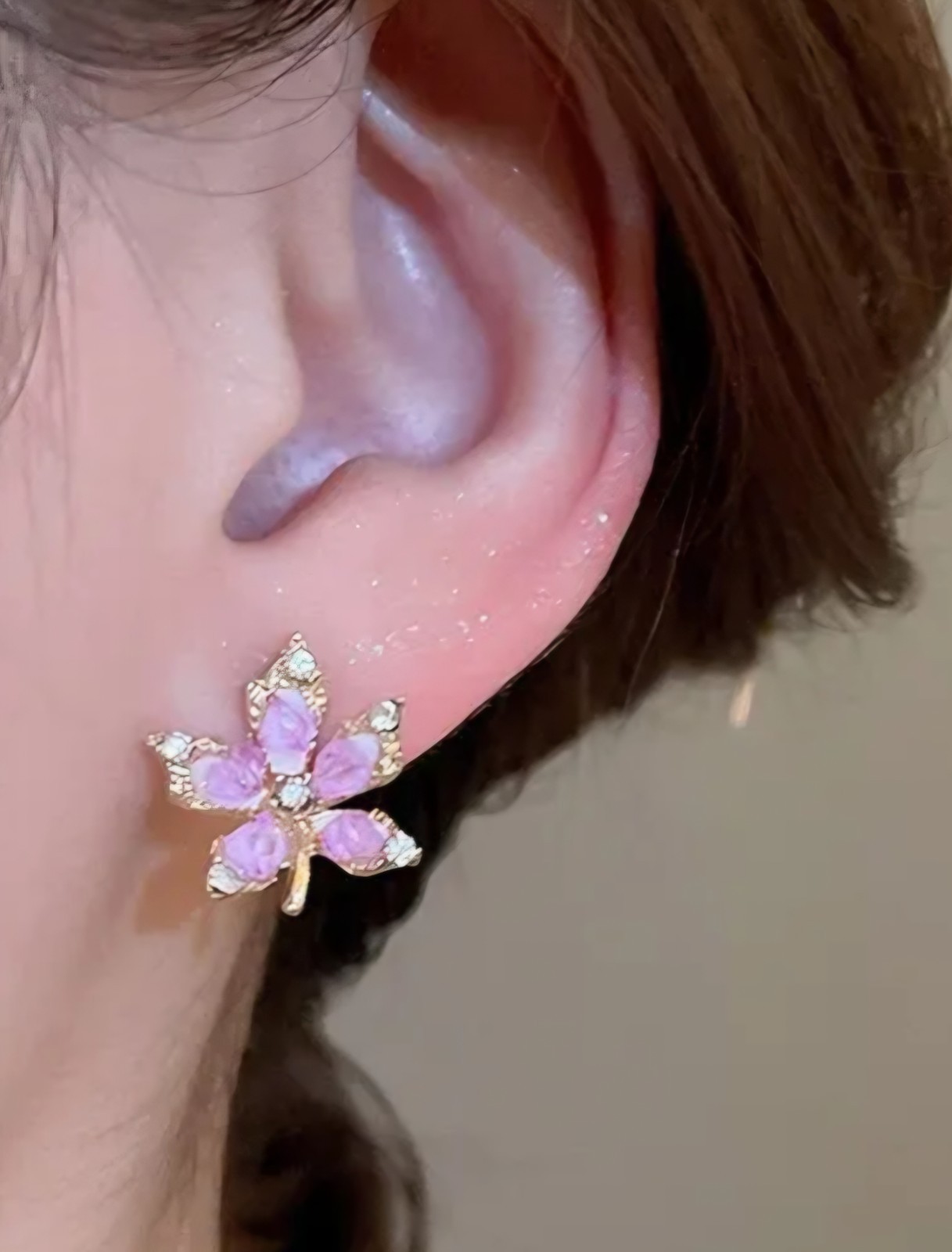Pink Flower Cluster Stud Earrings Yellow Gold Plated Butterfly Back 2cm Lobe